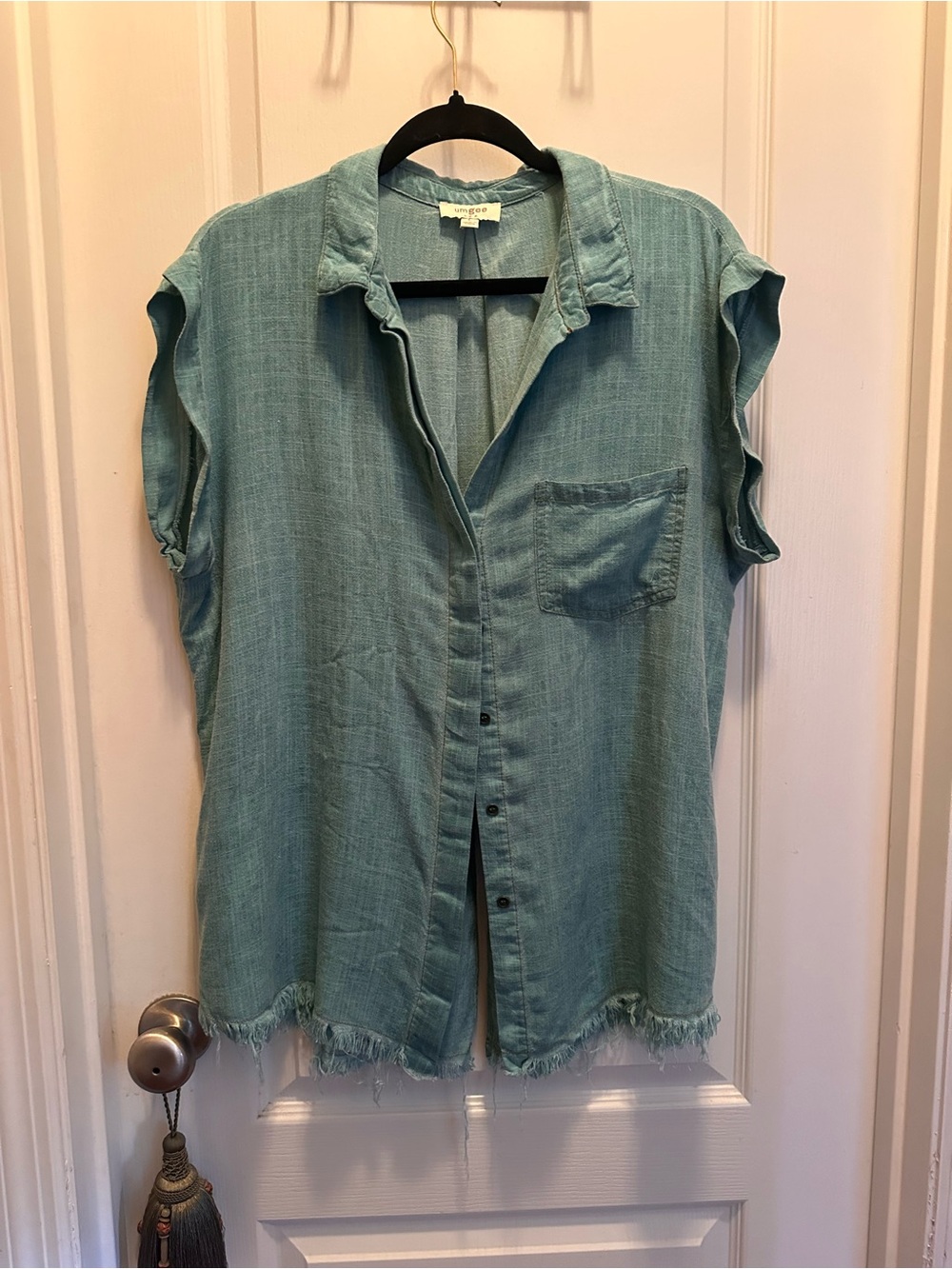 Umgee Aqua Short Sleeve Button-Down Top with Frayed Hem